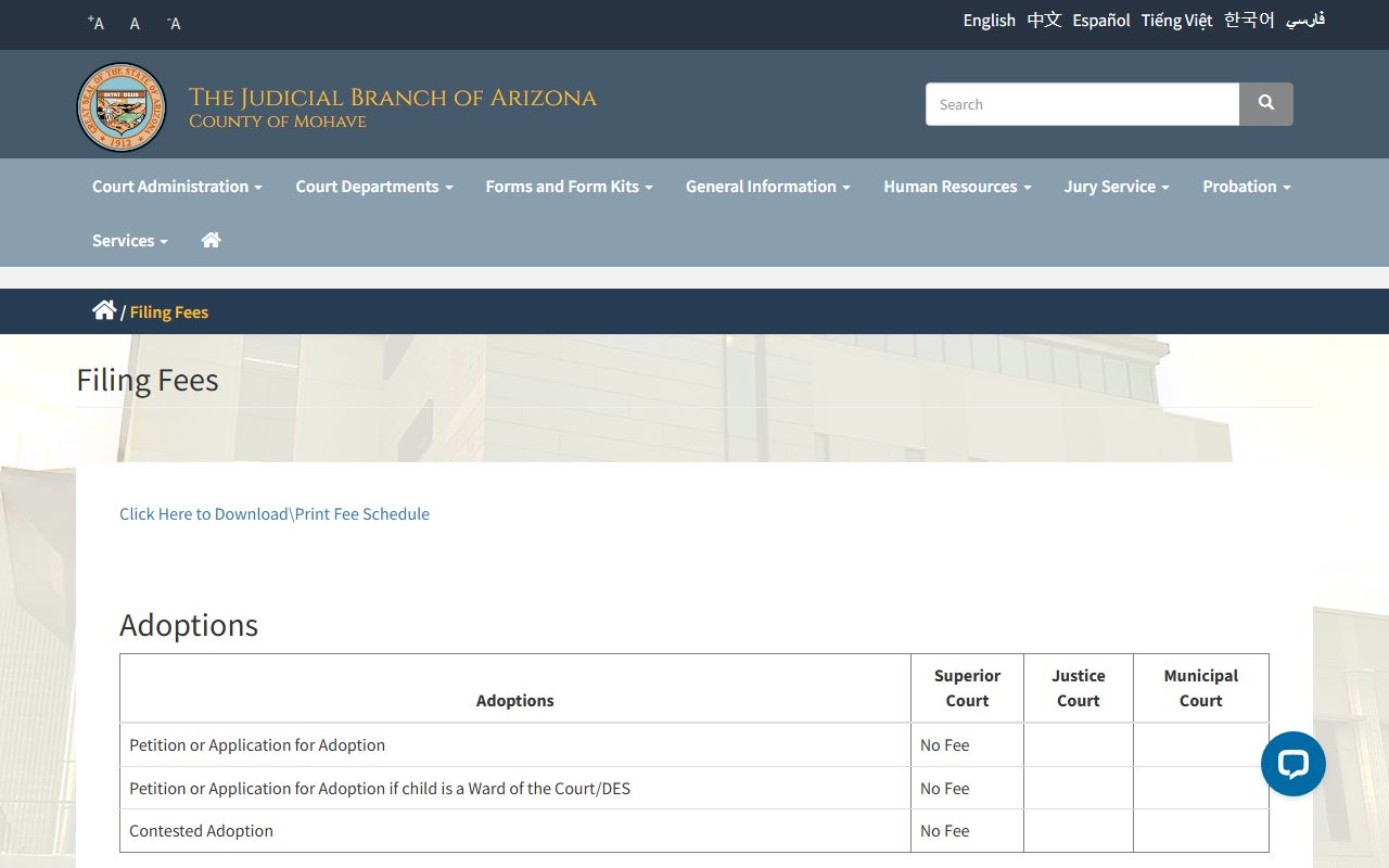Mohave County filing fees schedule