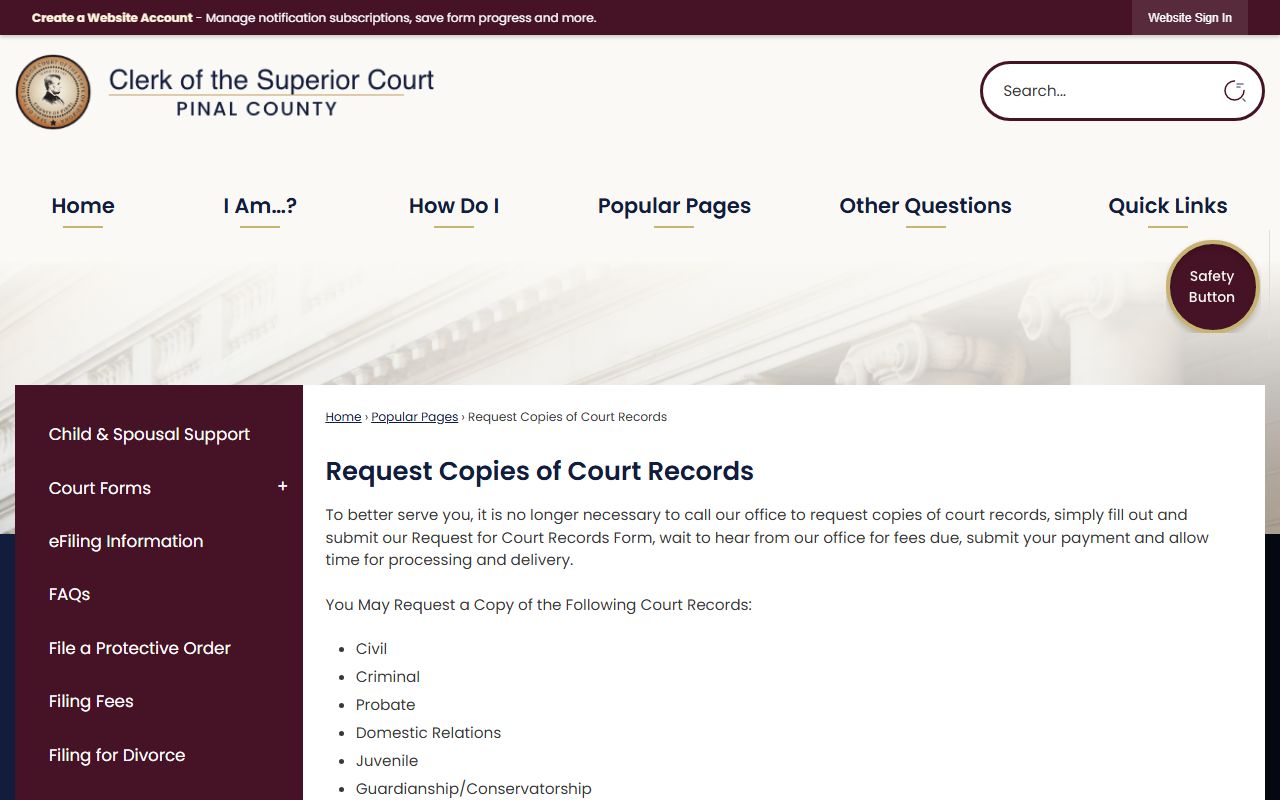 Pinal County court records request page