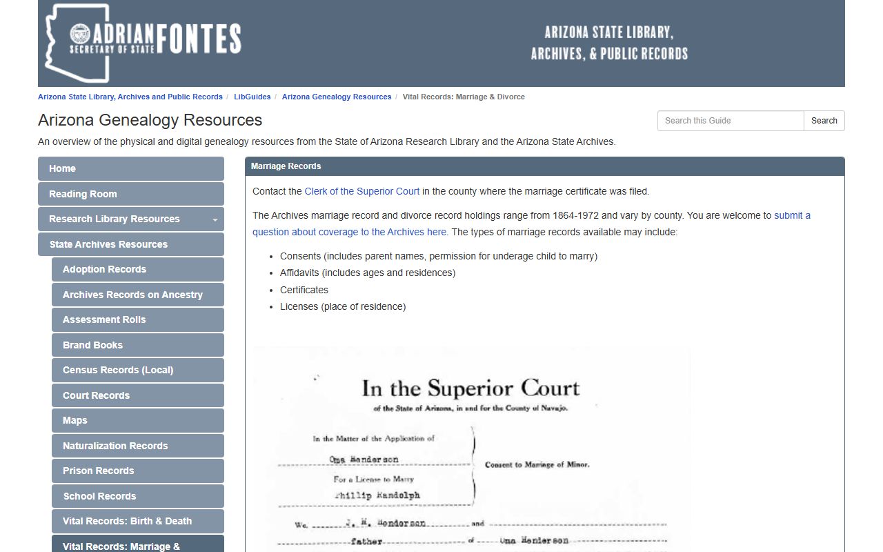 Arizona State Archives genealogy guide for marriage and divorce records