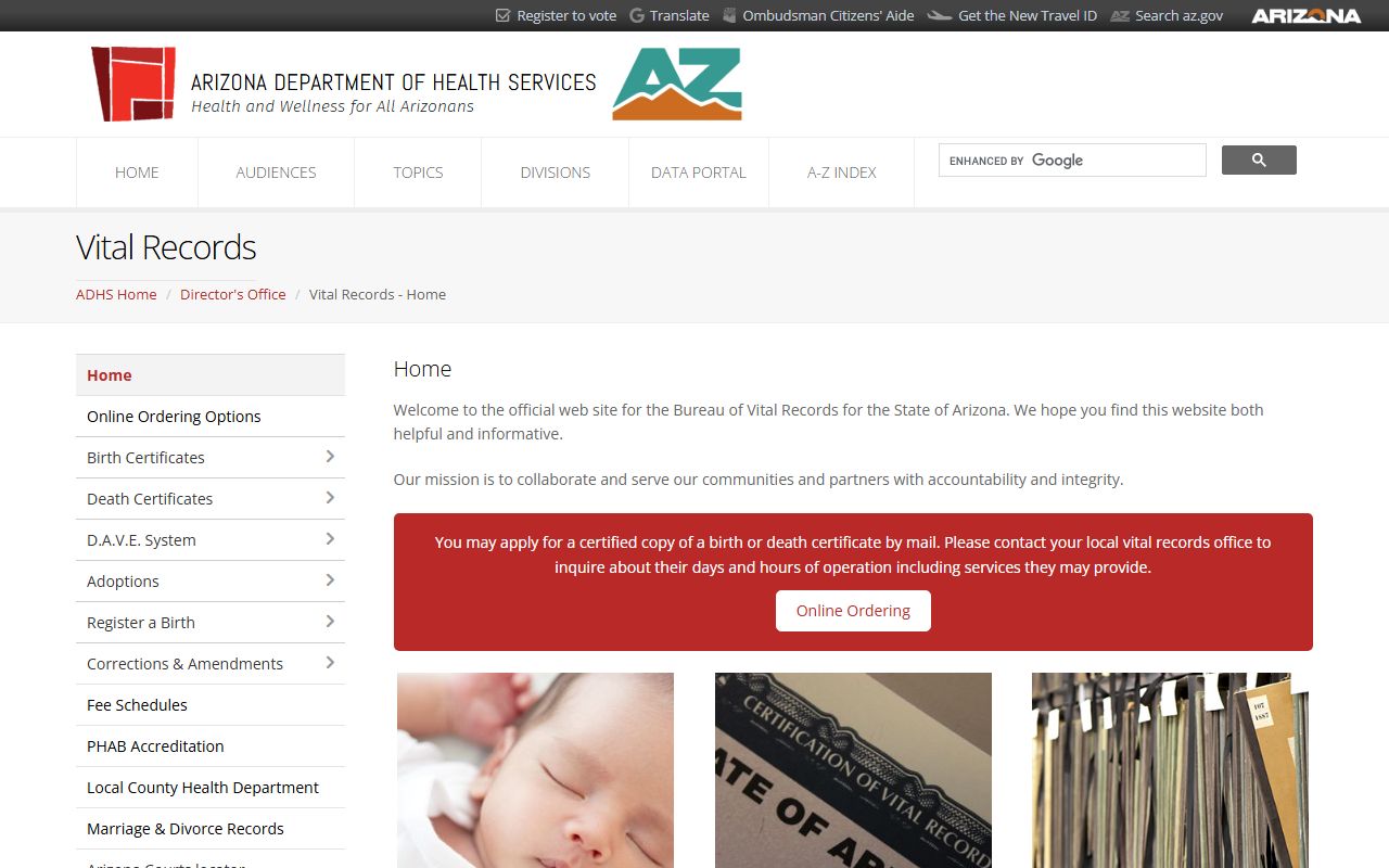 Arizona Department of Health Services vital records page