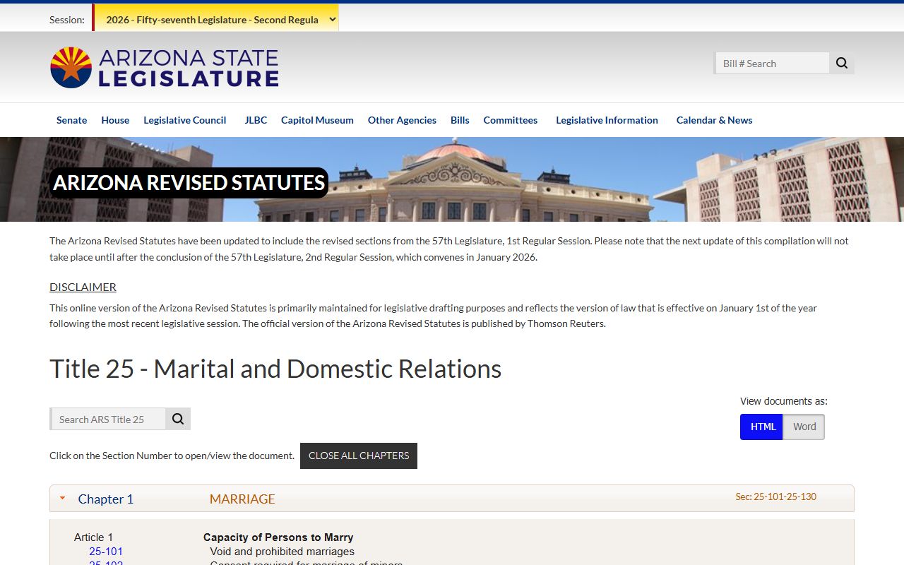 Arizona Revised Statutes Title 25 covering dissolution law